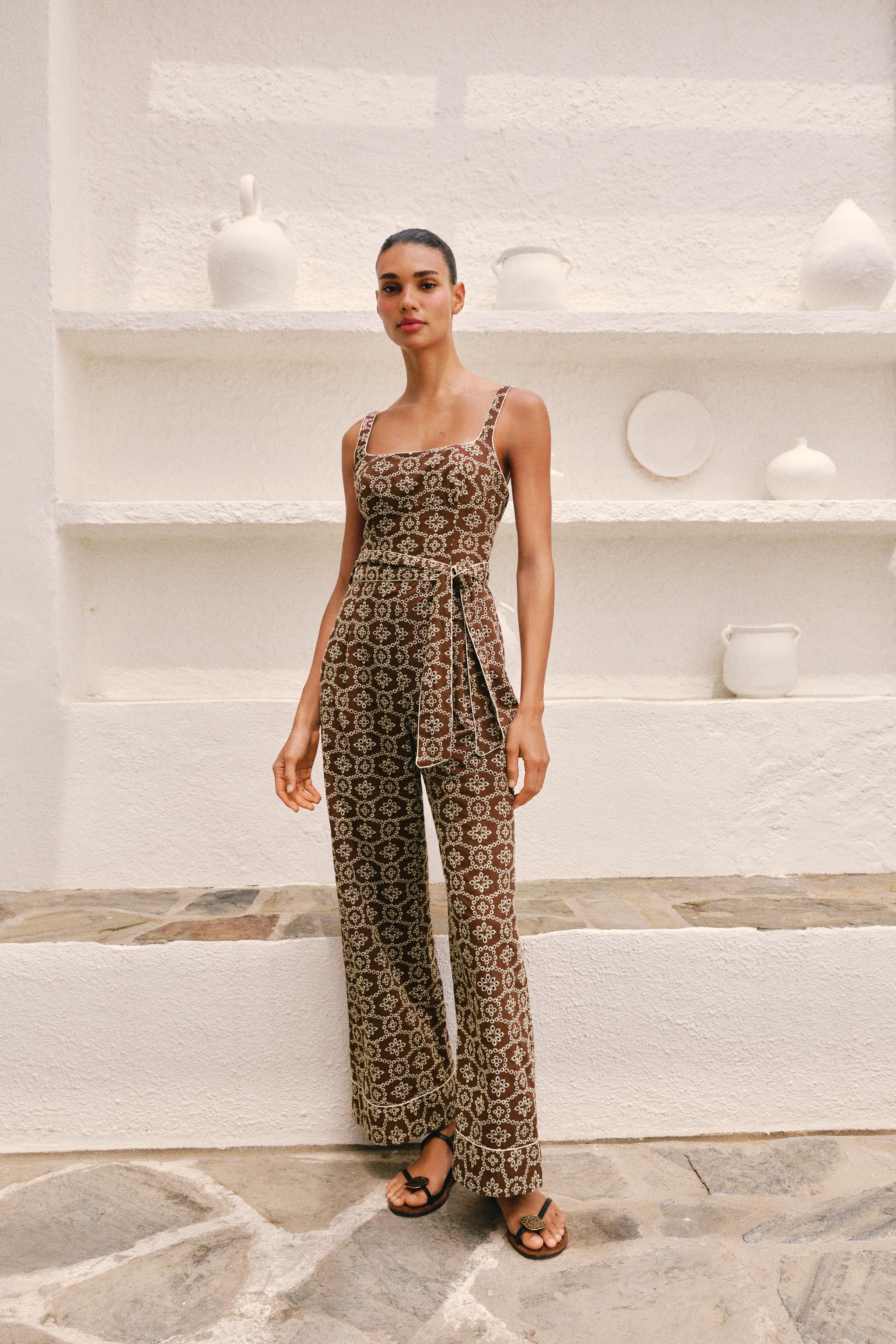 EMBROIDERED EYELET BELTED JUMPSUIT